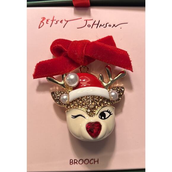 NIB Betsey Johnson Set Winking Reindeer & Gingerbread Girl Brooch Pin Gift Box - Picture 4 of 13